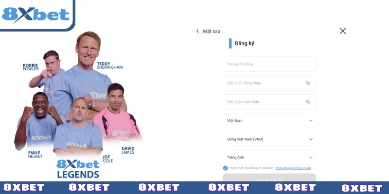 Giao diện đăng ký 8xbet với các thông tin cần thiết